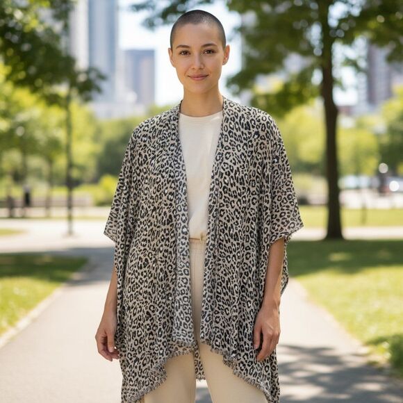 American Eagle Raw Hem Leopard Print Kimono Cardigan Open Front Animal O/S - Picture 2 of 8